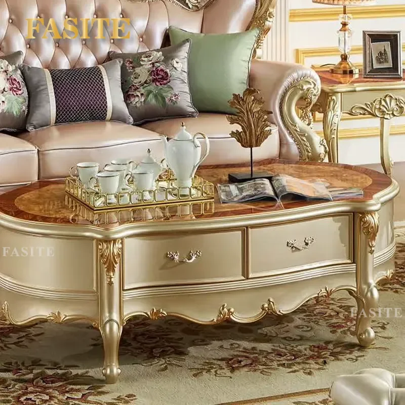 For European Style Living Room Antique Gold Wood Coffee Table With Exquisite Carving Decorative Center Table Elegant Home