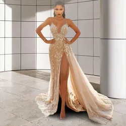 Wedding Party Dress Female Evening Elegant Sexy Deep V Neck Strap Sleeveless Sequined Long Maxi Dresses for Women 2024