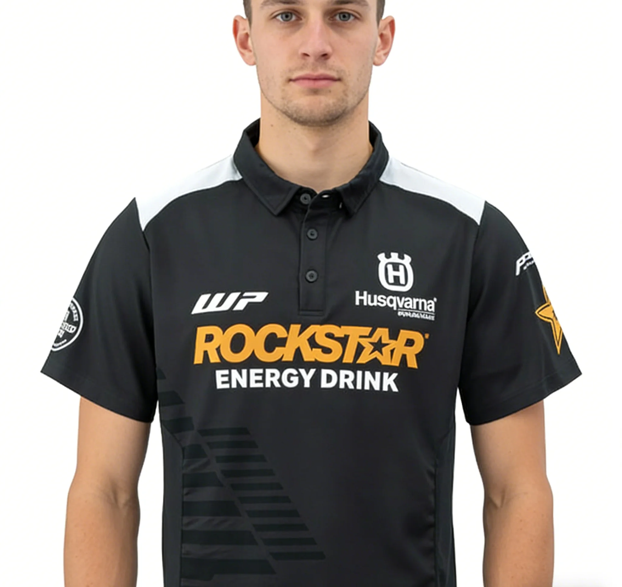 

Футболка-поло Husqvarna Rockstar Energy Team - черная с логотипами WP Racing, идеально подходит для любителей мотокросса и коллекций для внедорожных гонок.