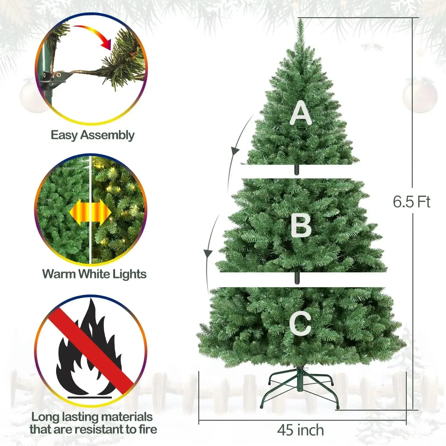 6.5 ft Prelit Artificial Christmas Tree, 400 Warm White Lights, 1100 Branch Tips, Metal Stand and Hinged Branches