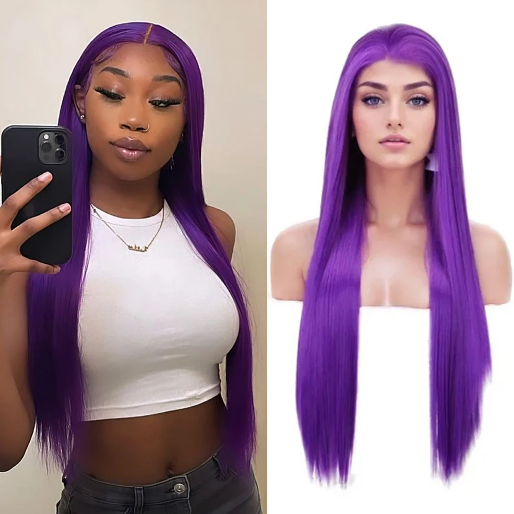 

Purple Wig Straight Synthetic Hair Natural Hairline Free Part Lace Front Wigs for Women Party Cosplay Use Purple Straight Hair