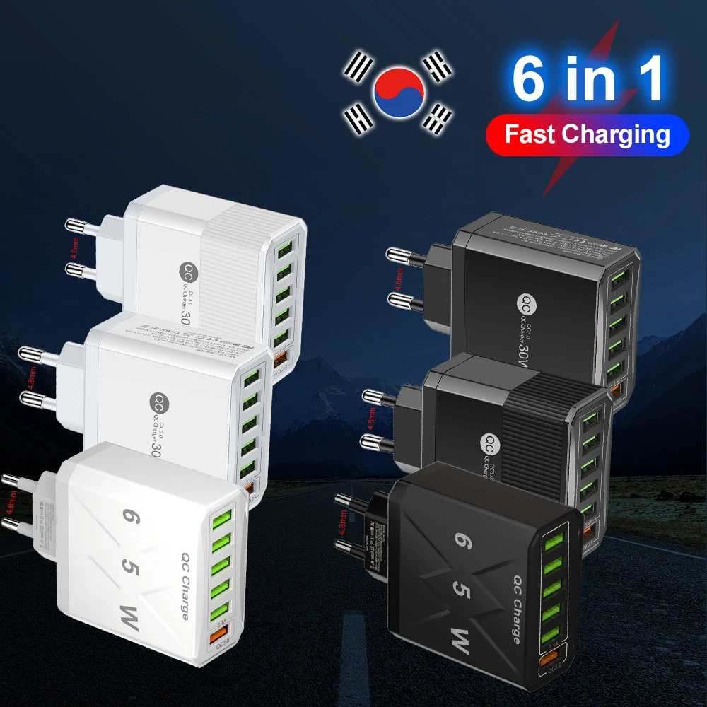 6 Ports Fast Charging Phone Travel Charger QC3.0 USB Phone Charger Adapter For iPhone Xiaomi Samsung KR Plug