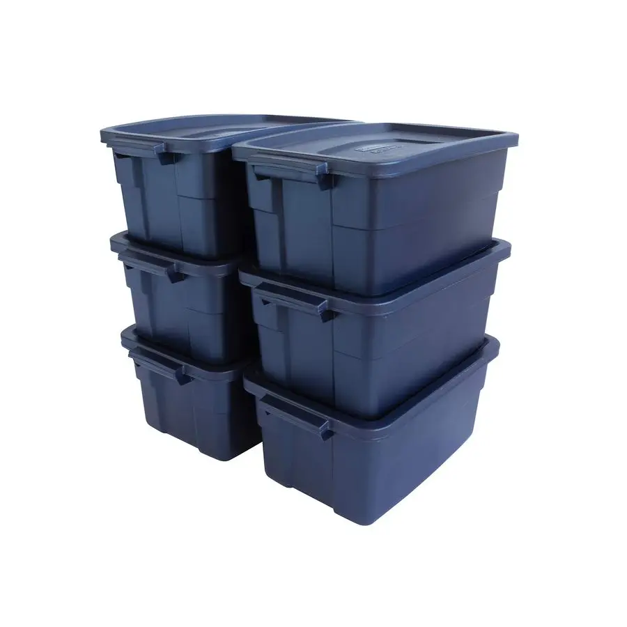 

Roughneck Tote 3 Gal, 6 Pack, Made in USA, Dark Indigo Metallic, Rugged Plastic Stackable Storage Bins with Lids and Handles