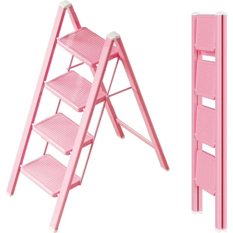 

Розовая 4-ступенчатая лестница, прочная складная лестница, встроенная педаль шириной 7,9 дюйма и противоскользящие ножки для устойчивой поддержки
