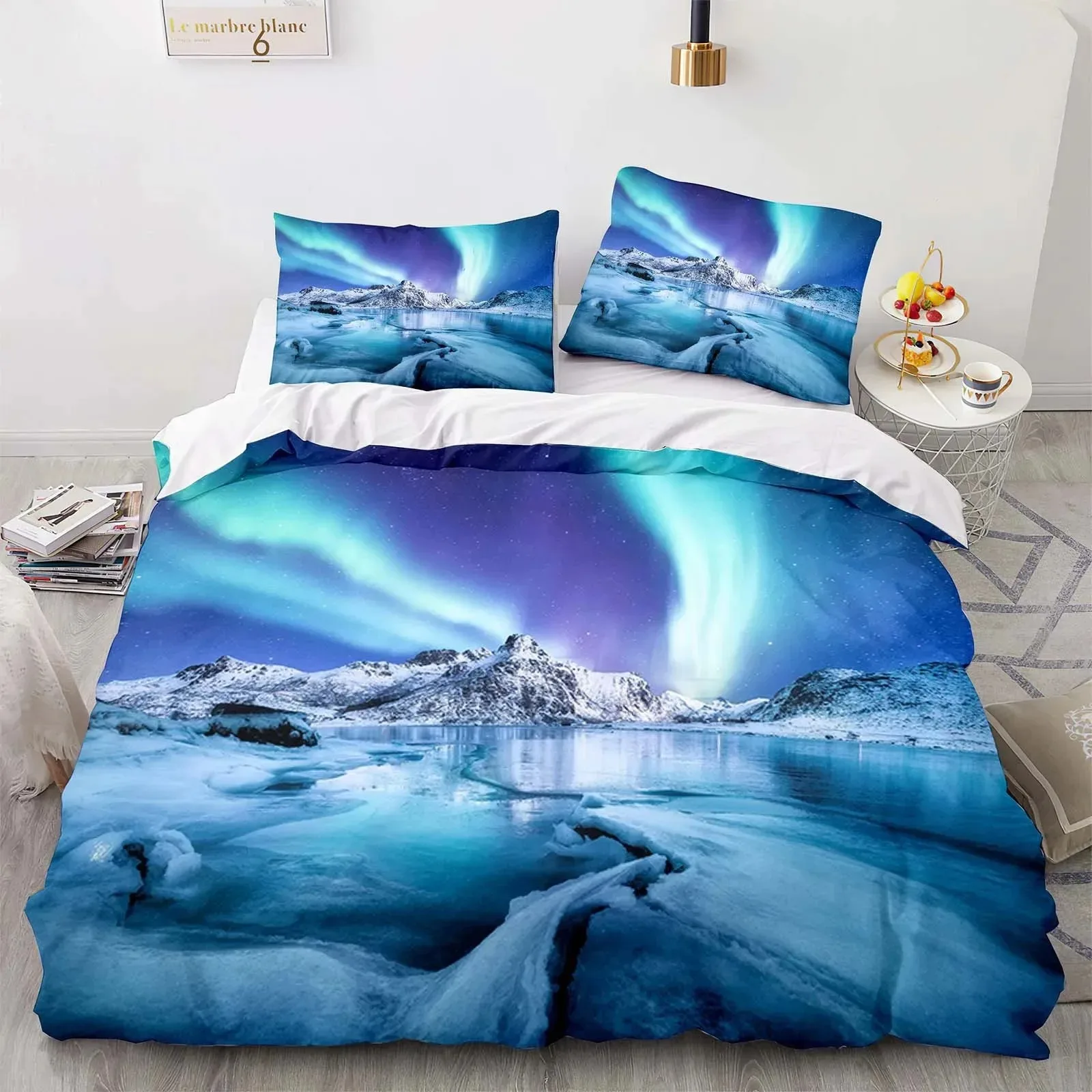 Mountain Aurora Bedding Set Romantic Galaxy Landscape Bedclothes Single Double Queen Twin Full Size Duvet Cover Women Bed Linen