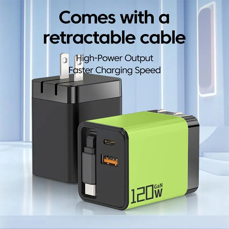 120W GaN Fast Charger Built-in Retractable Cable EU/US/UK Plug USB Type-C Wall Charger For Xiaomi iPhone Samsung/Laptops/Tablets - náhled 2