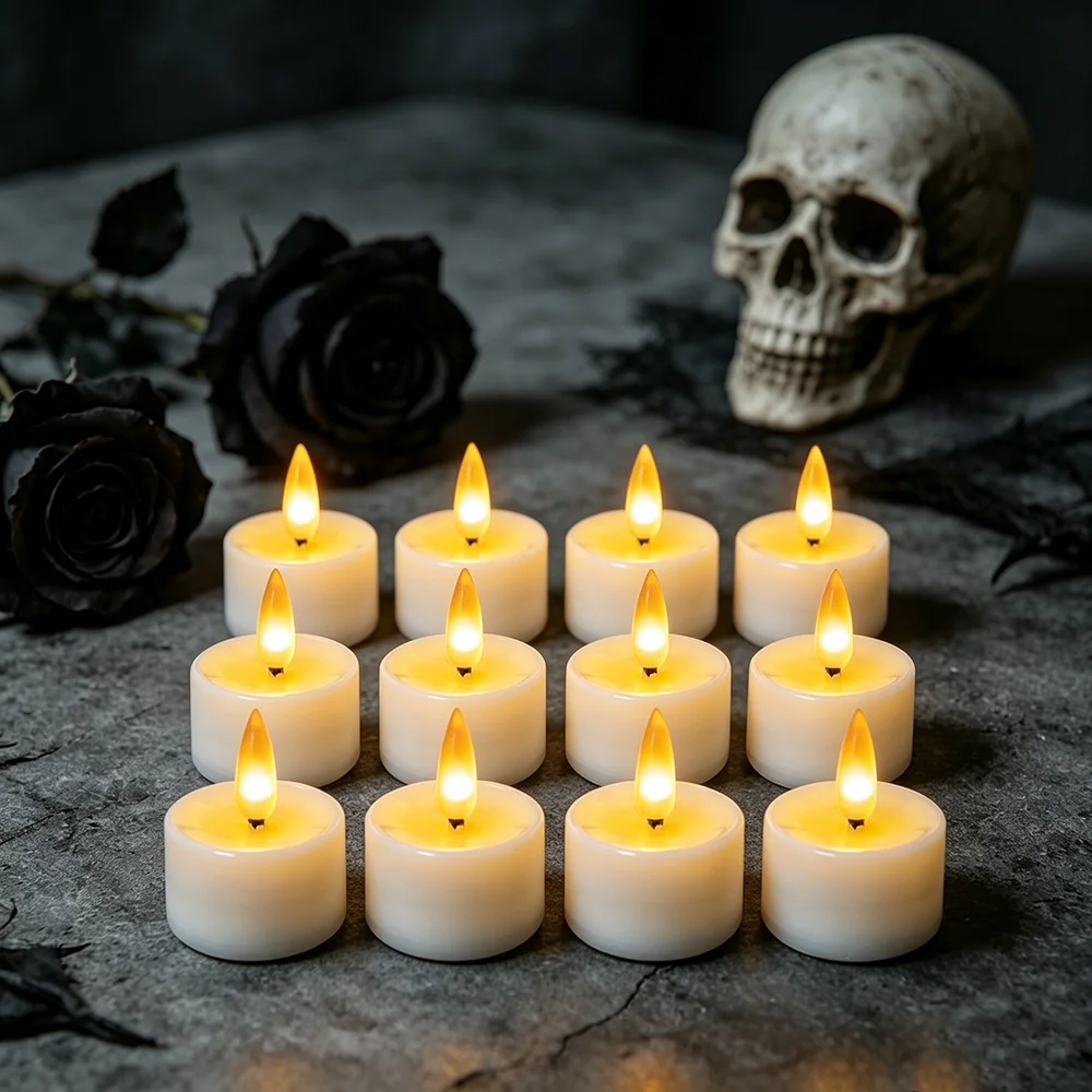 12Pcs Halloween LED Electronic Tea Wax, Yellow Flickering Flameless Candles, Party Atmosphere Lights, Halloween Photo Props