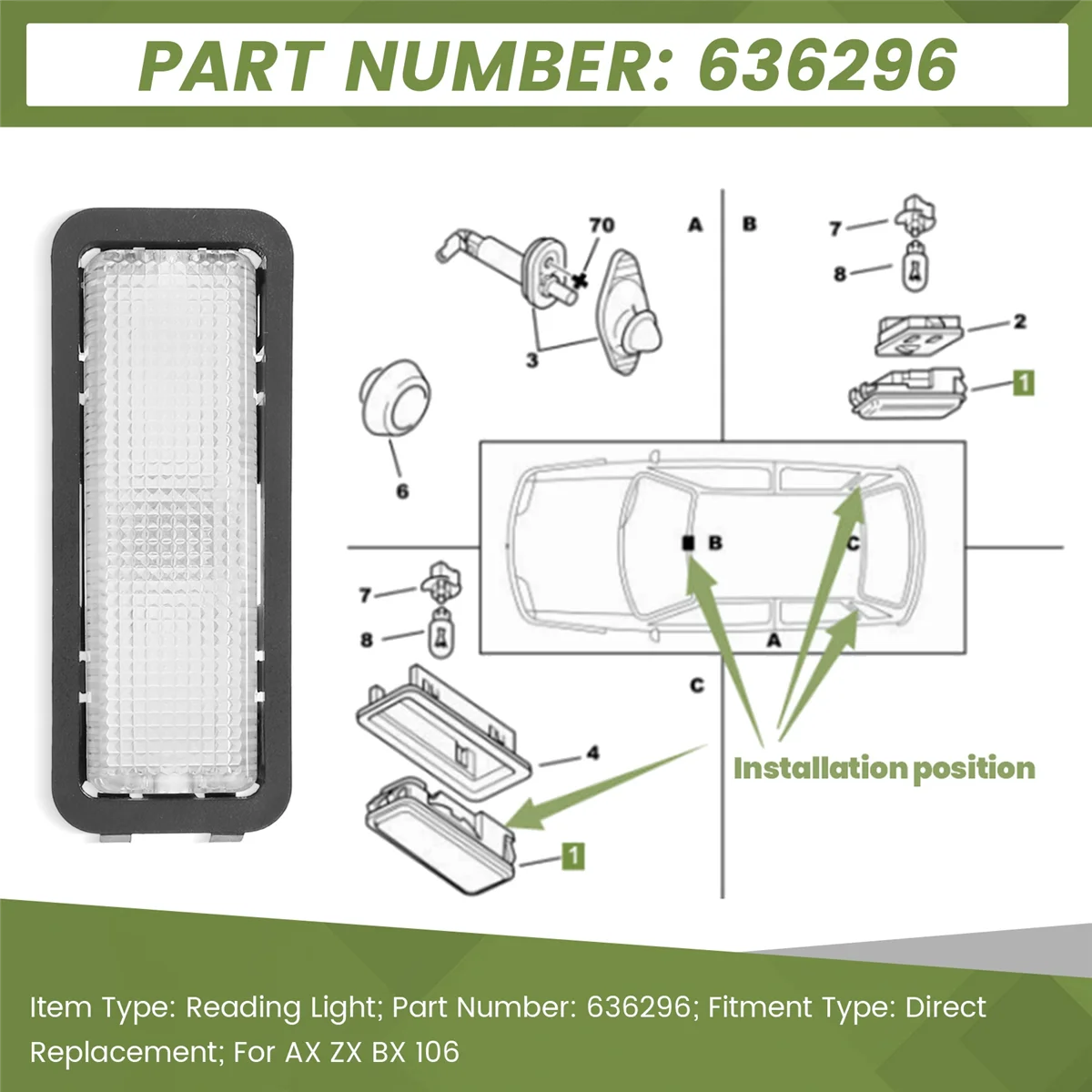 AT77 Внутреннее освещение для чтения 636296   Для Citroen AX ZX BX Peugeot 106 внутренняя купольная лампа внутренняя лампа для чтения