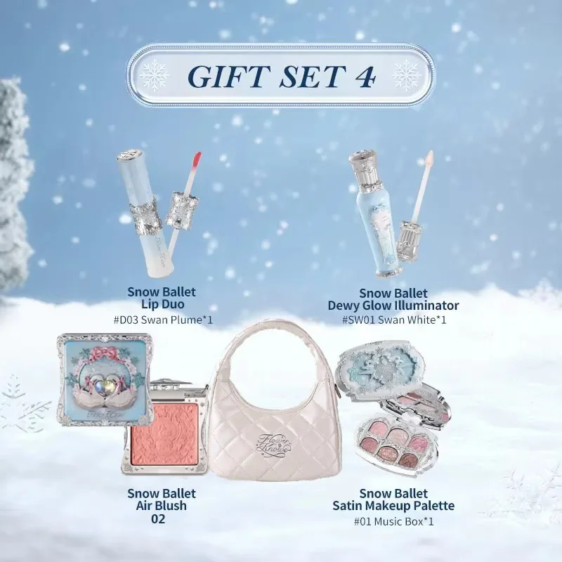 Flower Knows Snow Ballet Christmas Makeup Gift Set Eyeshadow,Blush,Lip Glaze Setting Powder with Cosmetic Bag Beauty Collection