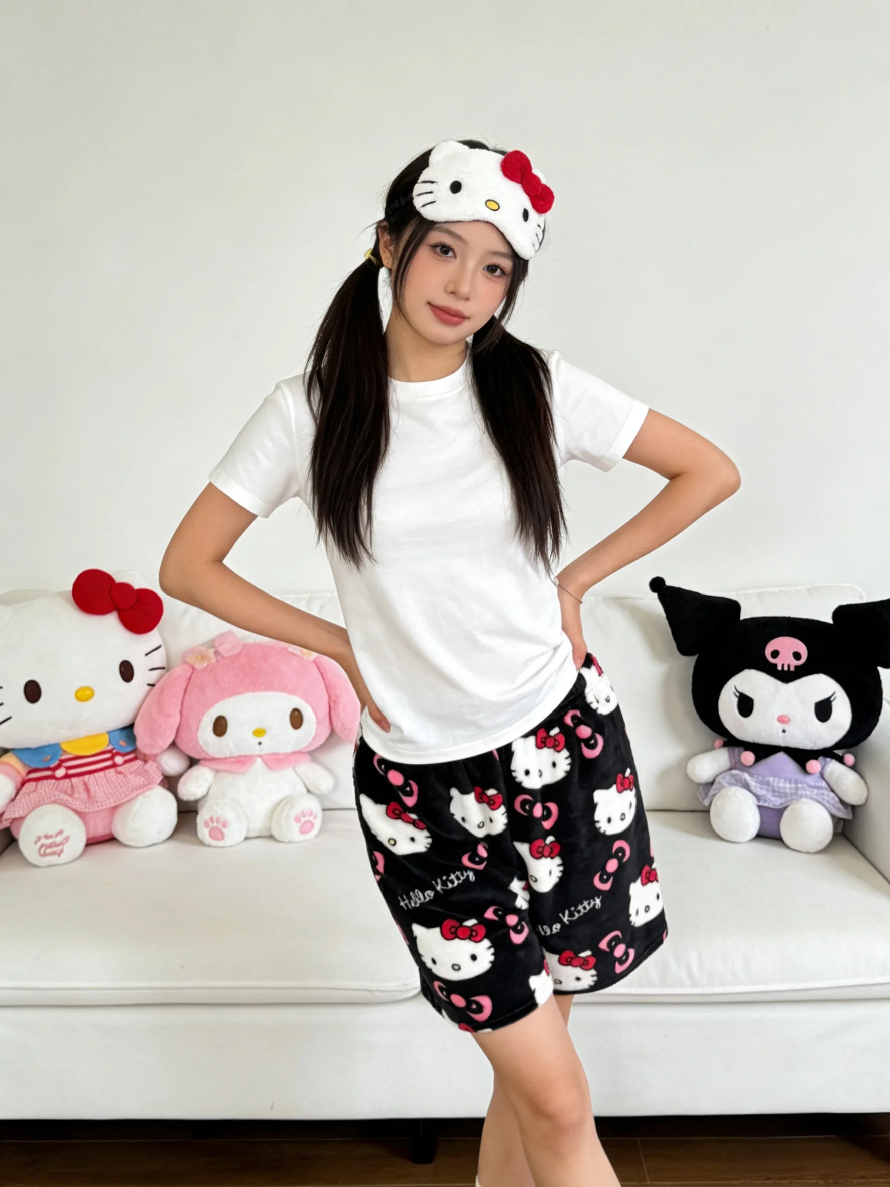 Hello Kitty Flannel Sleep Pants, Black Shorts for Casual Walks, Y2K Couple Pants, Festival Gifts, Party Outfits