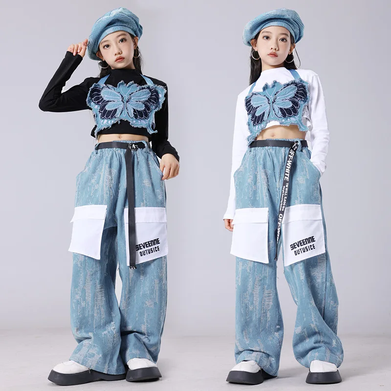 Teenage Girls Jazz Dance Outfits Set Fashion Butterfly Design Tops Jeans School Kids Hip Hop Performance Costume 13 14 16 Years