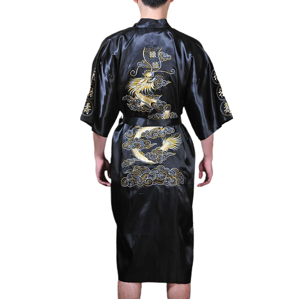 Mens Sleepwear Satin Silky Chinese Dragon Kimono Bathrobe Pajamas Smooth Bath Robes V Neck Man Nightgown