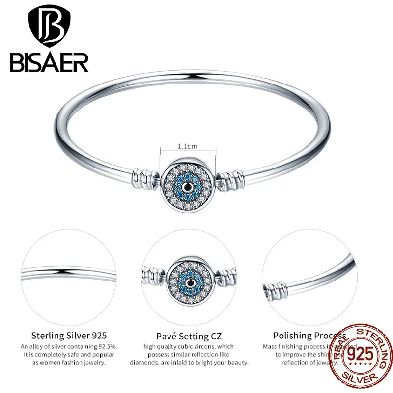 Bisaer 925 prata esterlina olho de demônio pulseiras azuis olhos maus pulseiras pavimentar configuração zircão 17-21cm para as mulheres do partido jóias finas