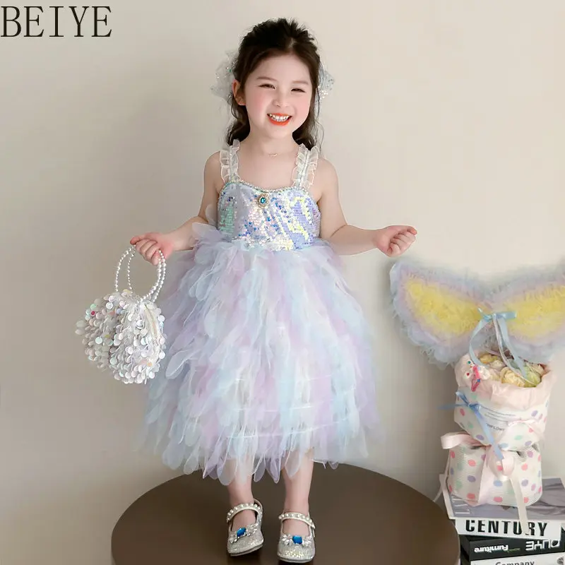 

Sparkly Sequined Girls Princess Dress Birthday Party Cosplay Photoshoot Dress Rainbow Color Tiered Tulle Tutu Dress for Kids