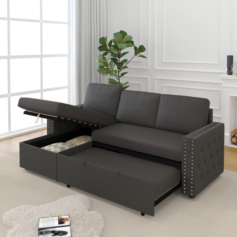 85 Inches Sofa Bed, 3 Seater Sleeper Sofa with Storage Chaise, Square Handrail With Pull and Copper nail,for Living Room.
