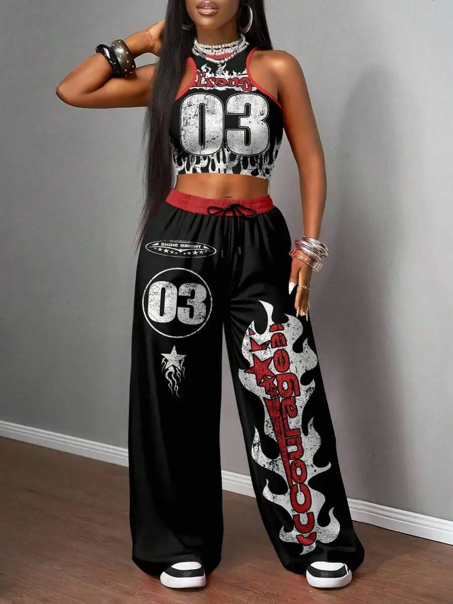 

Flame Print Halter Crop Top And Wide Leg Pants Set