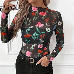 Sexy Long Sleeve T-shirt Women Elegant O Neck Flower Printed Mesh Shirts For Women Spring Autumn Basic Shirt Lady Tee Tops