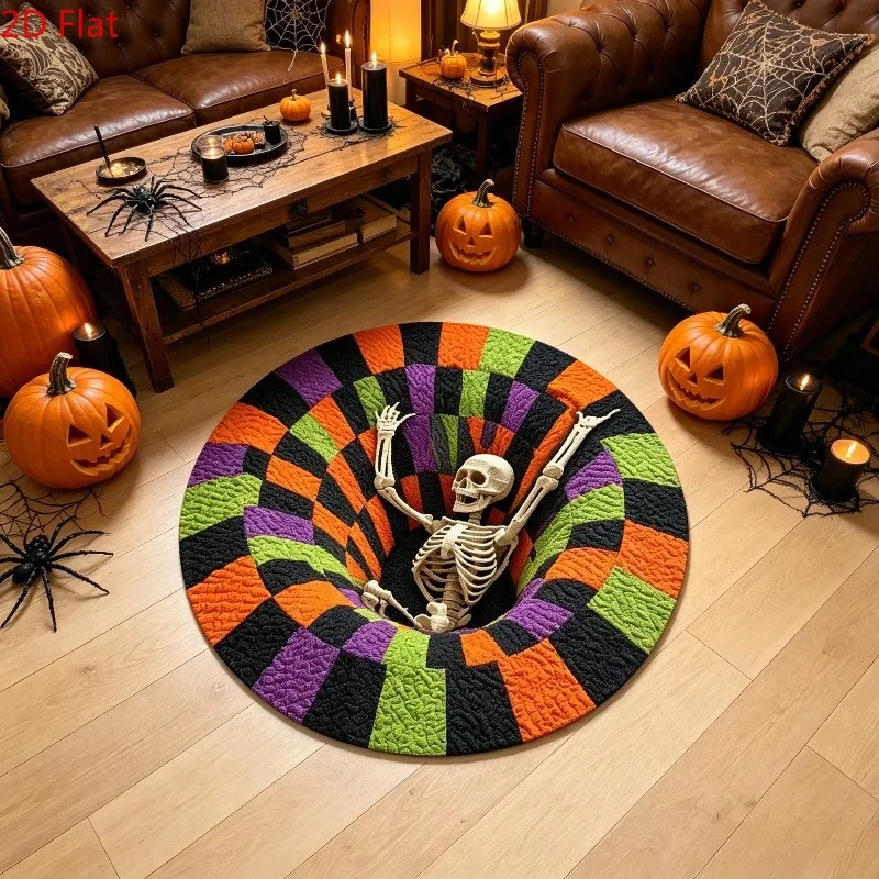 Halloween Skeleton 3D Vortex Round Area Rug Living Room Home Decor Bedroom Kitchen Hallway Floor Mat Laundry Doormat Dining Room