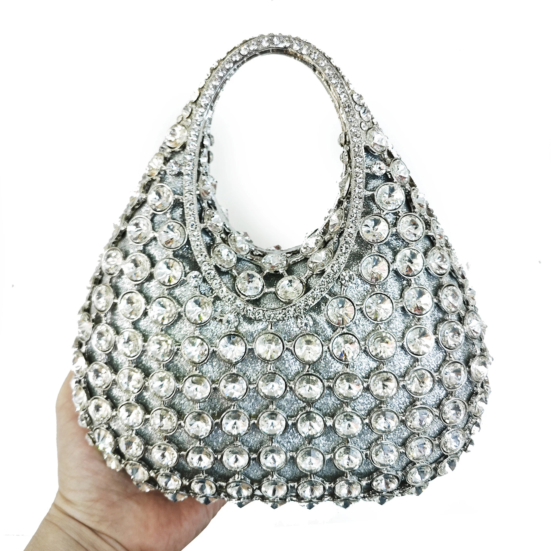 

WHTUOHENG-Silver Crystal Evening Clutch Bag For Women Top-Handle Bag Wedding Bridal Minaudiere Box Rhinestone Handbags Purses