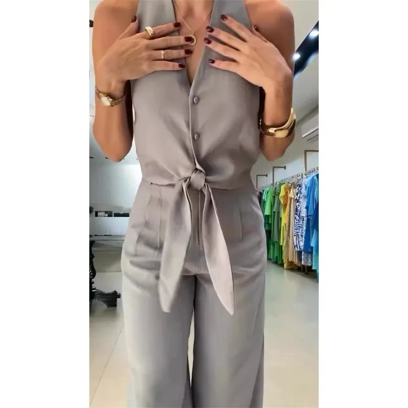 

Women's Temperament Two-piece Set New Casual and Fashionable Sleeveless Hollow Out Shirt High Waist Wide Leg Pants