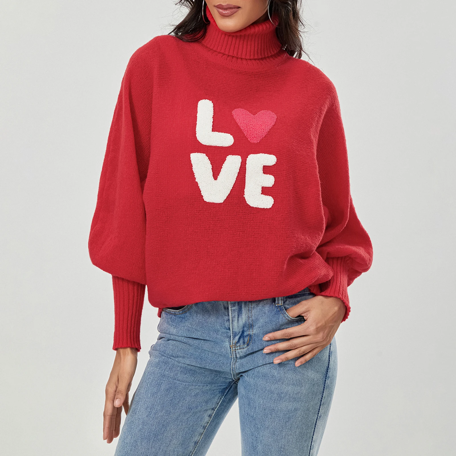 Women Valentines Day Sweater Long Sleeve Letter Print Oversized Turtleneck Knitted Pullover Jumper Tops D16