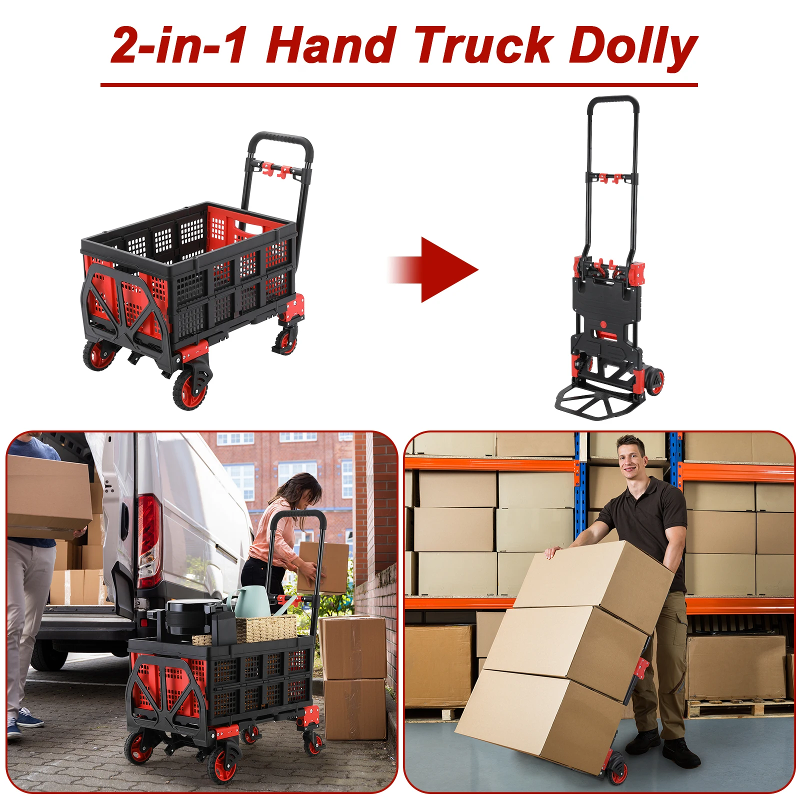 2-in-1 Hand Truck Dolly Folding Basket, 330LBS Platform Cart Dolly, Collapsible Utility Luggage Dolly Cart, W/Retractable Handle