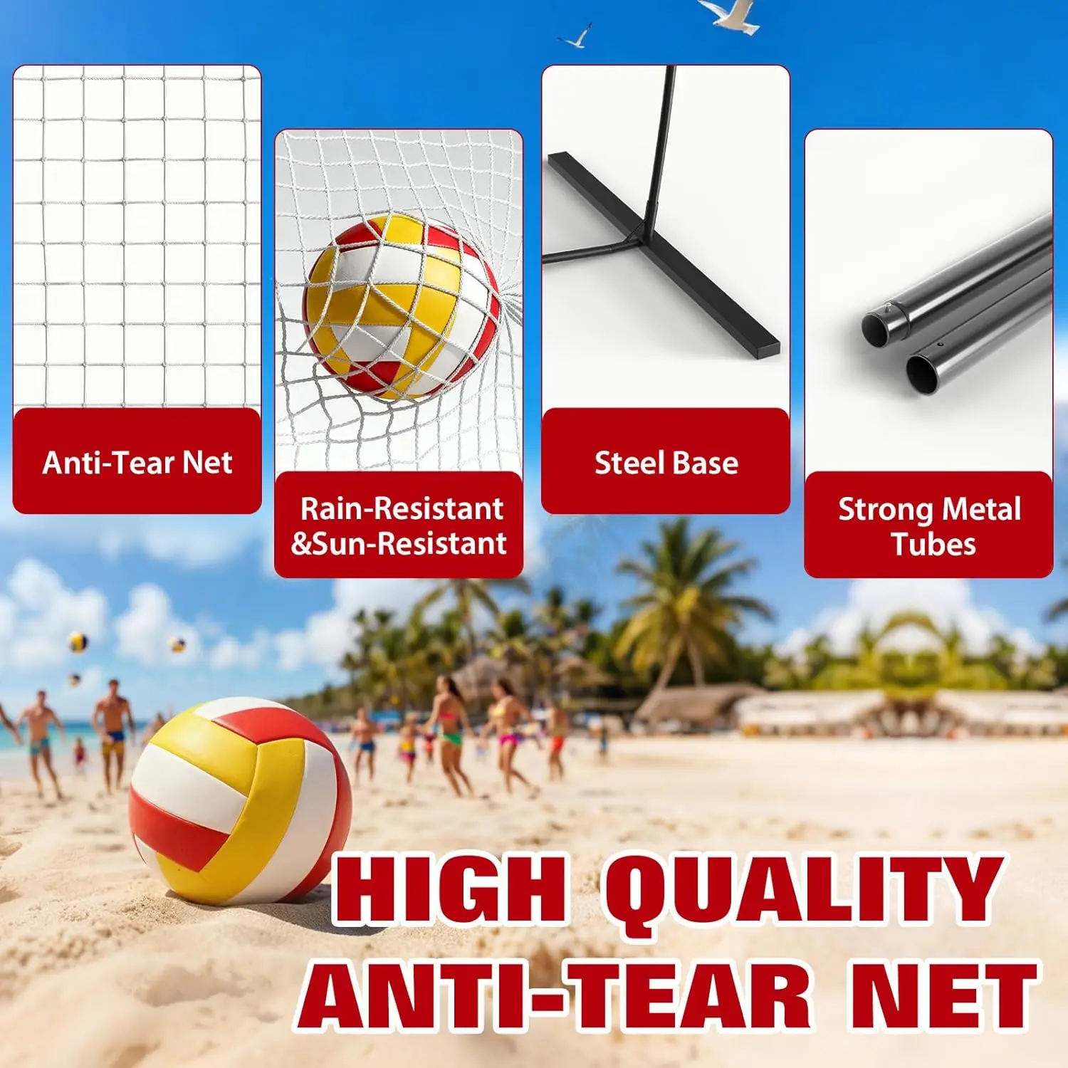 ตาข่ายวอลเลย์บอลปรับระดับได้ 12 ฟุต แบบพกพา ติดตั้งง่าย โครงไฟเบอร์กลาส ความสูงตามมาตรฐาน เหมาะสำหรับสนามหลังบ้าน ชายหาด และในร่ม