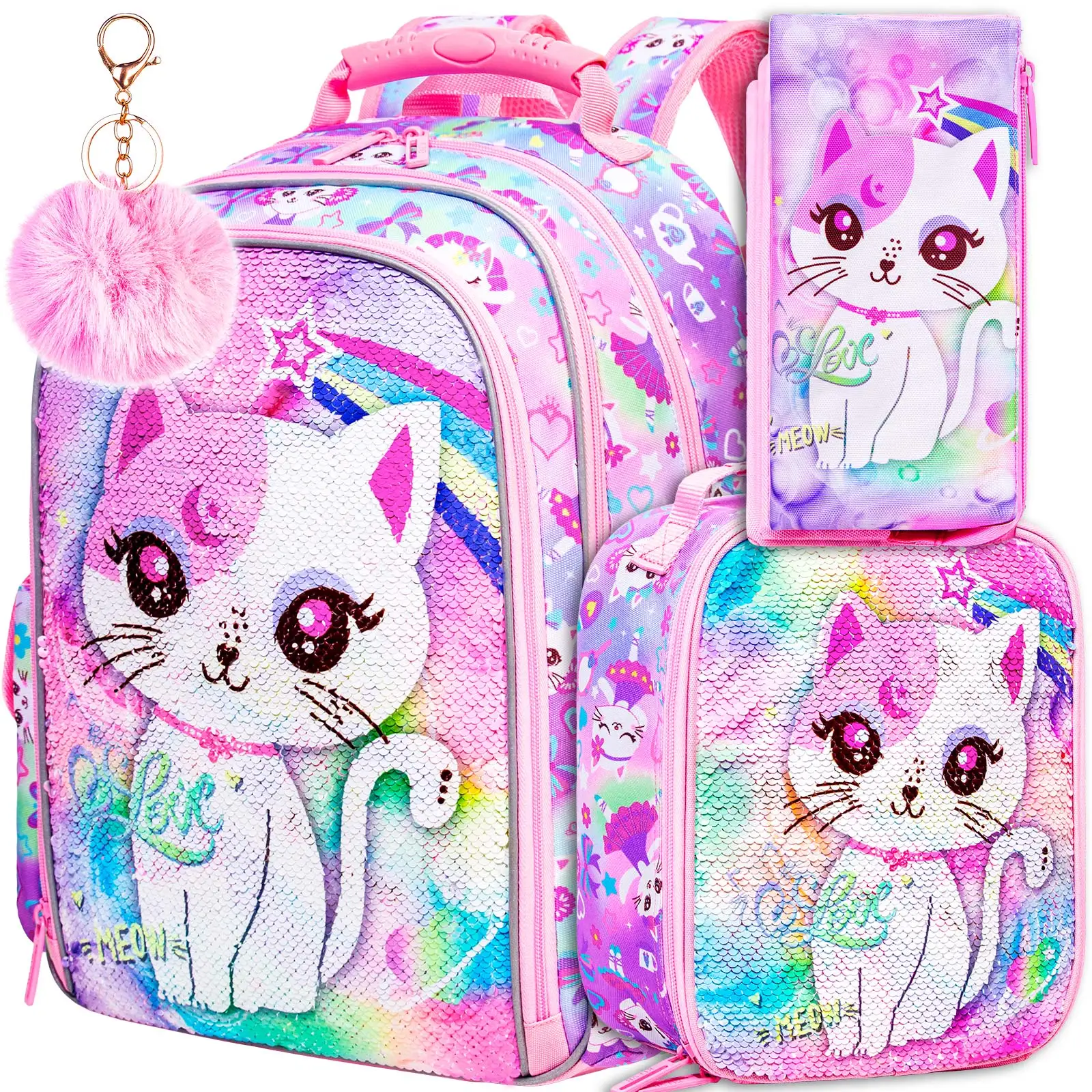 3PCS meisjesrugzak, 16” kinderkattenboekentas met pailletten en lunchbox, waterbestendige schooltas voor elementaire kleuterschool