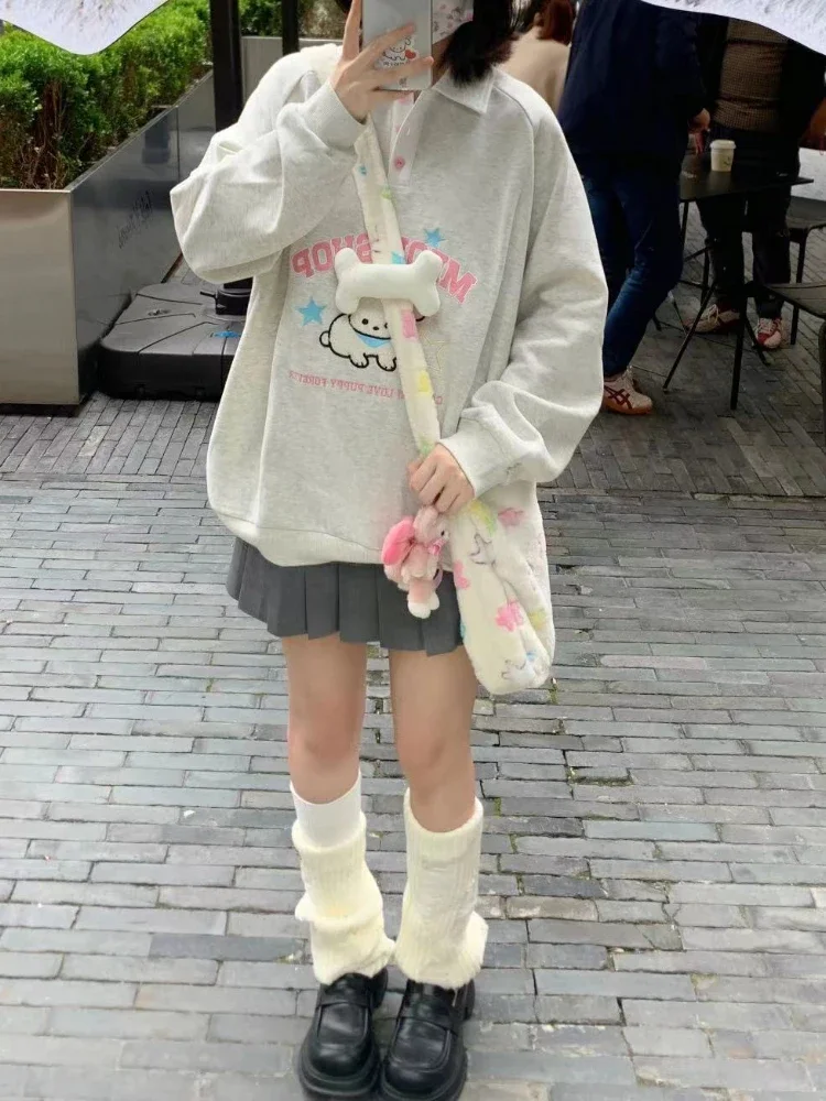 Deeptown Harajuku Kawaii Dog Embroidery Hoodies Women Vintage Kpop Oversized Sweatshirts Japanese Sweet Cartoon Y2K Tops Korean