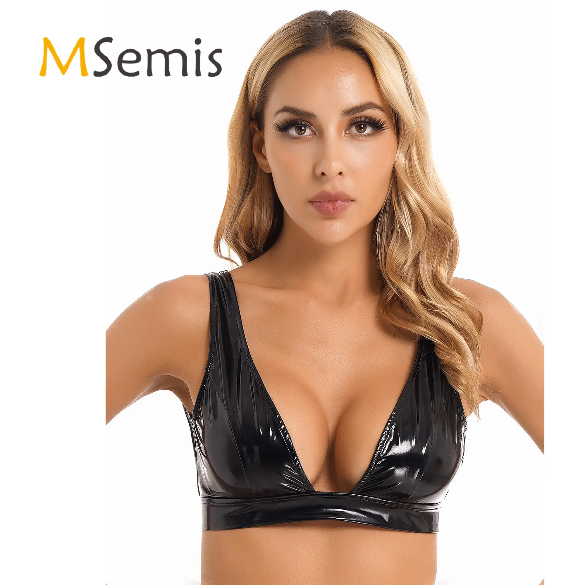 Womens Lingerie Glossy Brassiere Wide Shoulder Strap Bra Top Wet Look Patent Leather Low-Cut Crop Tank Top Vest Clubwear