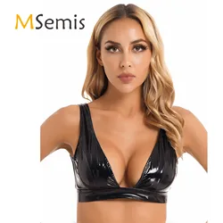 Womens Lingerie Glossy Brassiere Wide Shoulder Strap Bra Top Wet Look Patent Leather Low-Cut Crop Tank Top Vest Clubwear