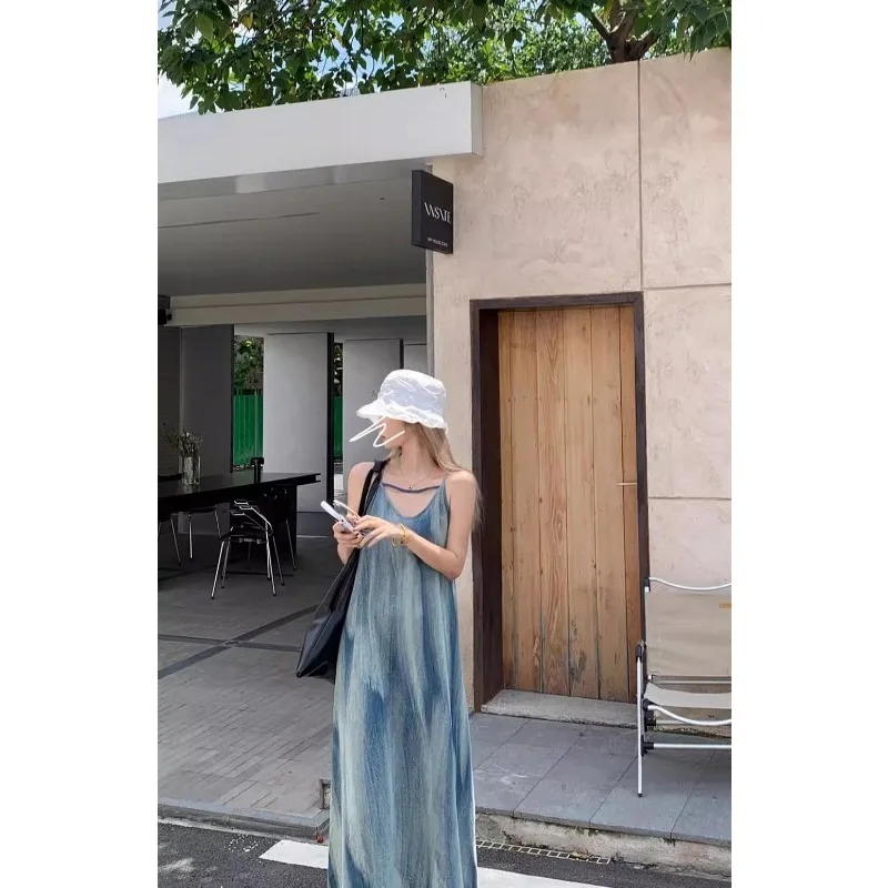 Französische Vintage Subkultur Tie Dye Design Kleider Sommer Neue Y2k Trägerkleid Damen Süße Lose Senior Sense Urlaubskleid