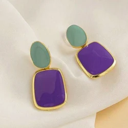 Korean Multicolor Square Dangle Stud Earrings For Women Green Purple Pink Bule Semi-Precious Stone Earrings Pastoral Style