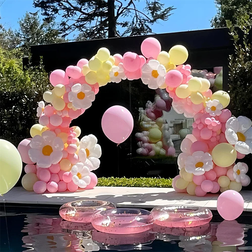 139Pcs Daisy Balloon Garland Arch Kit Macaron Pink And Yellow Groovy Party For Baby Shower Wedding Birthday Sunflower Decoration