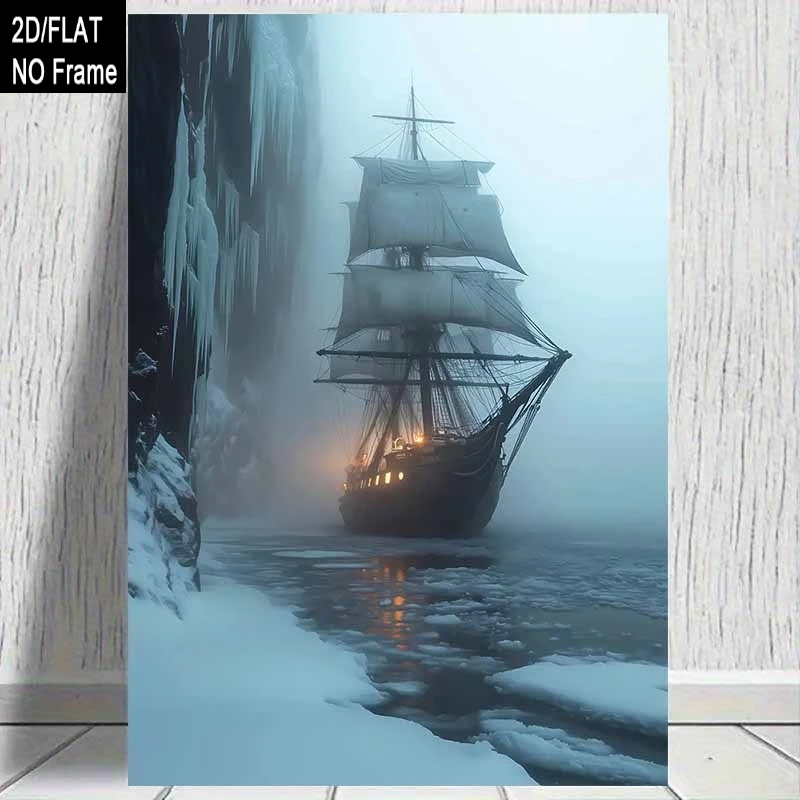 2D Flat, 1pc Extra Large Nautical Sailing Ship in Foggy Arctic Waters Canvas Poster - Modern Maritime Wall Decor for Living Room
