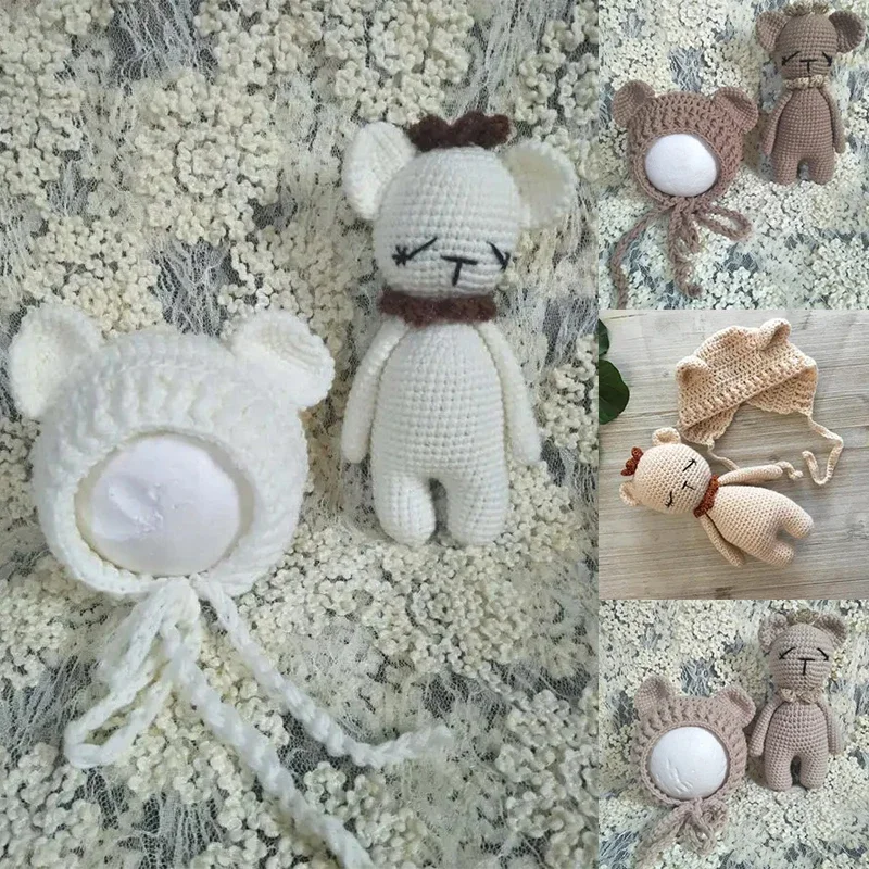 2pcs/sets Baby Photography Accessories Handmade Soft Wool Knitting Single Hat and Bear Doll Suits Decor Studio Photoshoot Props