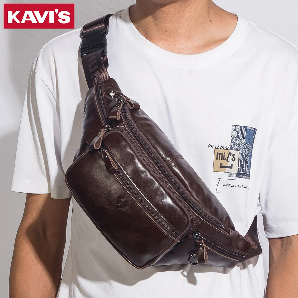 

KAVIS 100% Genuine Leather Waist Bag Casual Fanny Pack For Men Multifunction Chest Bag Phone Pouch Travel Crossbody Bages