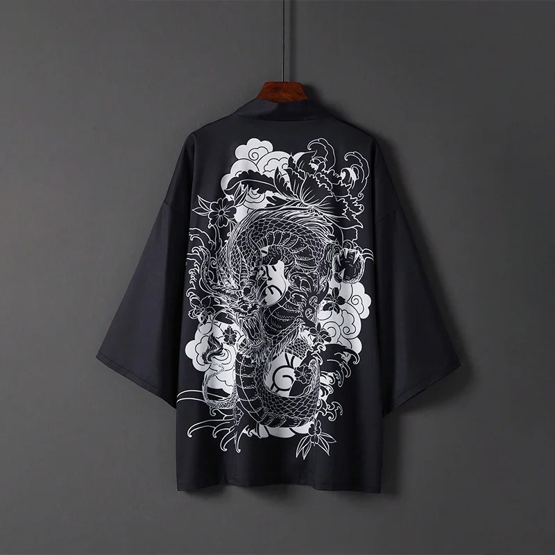 

Chinese Style Retro New Chinese-Style Improved Hanfu Dragon Robe Print Kimono Cardigan Summer Loose Beach Cover-Up Bathrobe Sun Protection Clothing