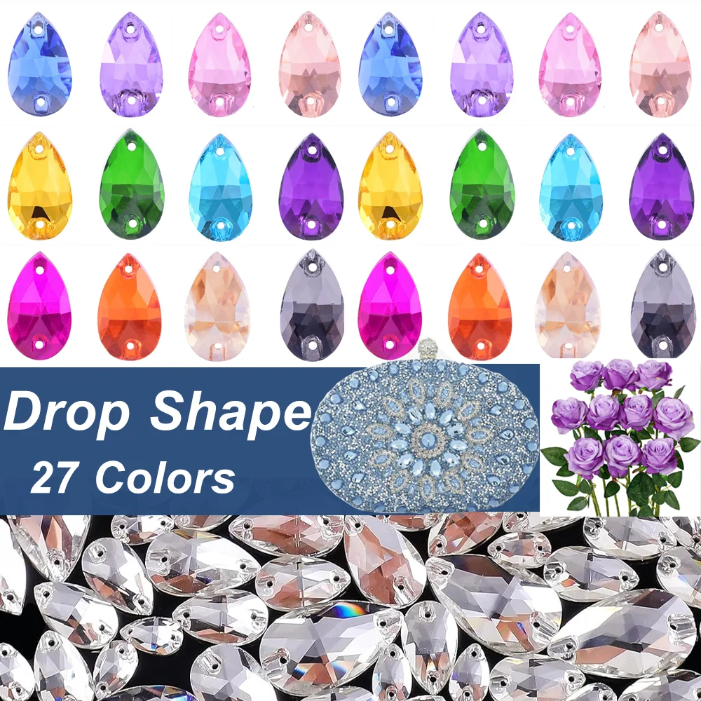 

6 Size Teardrop Shape Sew On Rhinestones Silver Bottom Flatback Sewing Rhinestone Glass Crystal with Holes for Dress Decoration