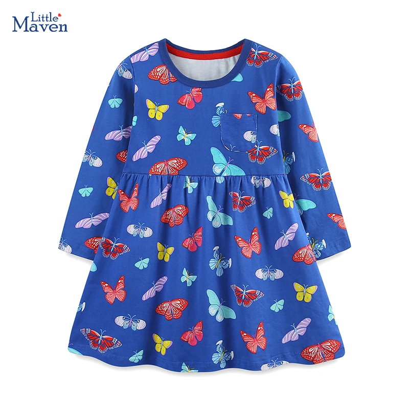 Little Maven Kleider mit Tier- und Schmetterlingsdruck für Kinderkleidung, Herbst-Mädchen-Kostüme, Herbst, Frühling, Baby-Mädchen, lange Ärmel