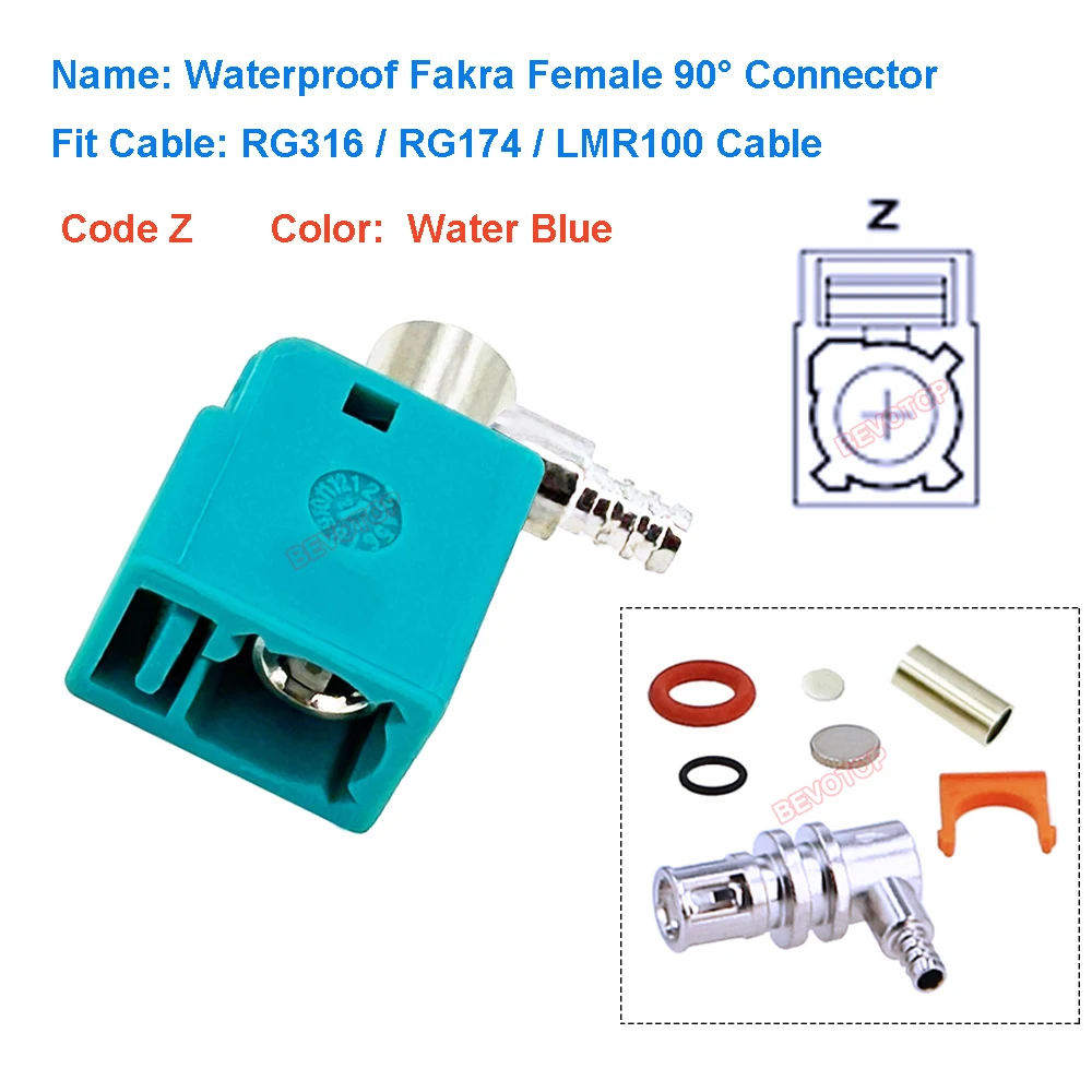 10PCS/LOT Waterproof Fakra Universal Code Z Female Jack Right Angle 90° 50Ohm RF Coax Wire Connector for RG174 LMR100 RG316Cable
