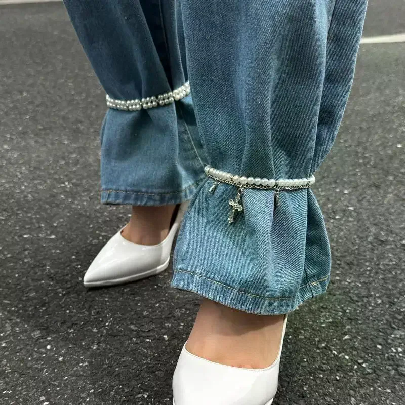 Fashion Double-layer Tassel Pearl Chain Simple Foot Ankle Beach Party Jewelry For Women Versatile Cross Chain Foot Bracelet Gift