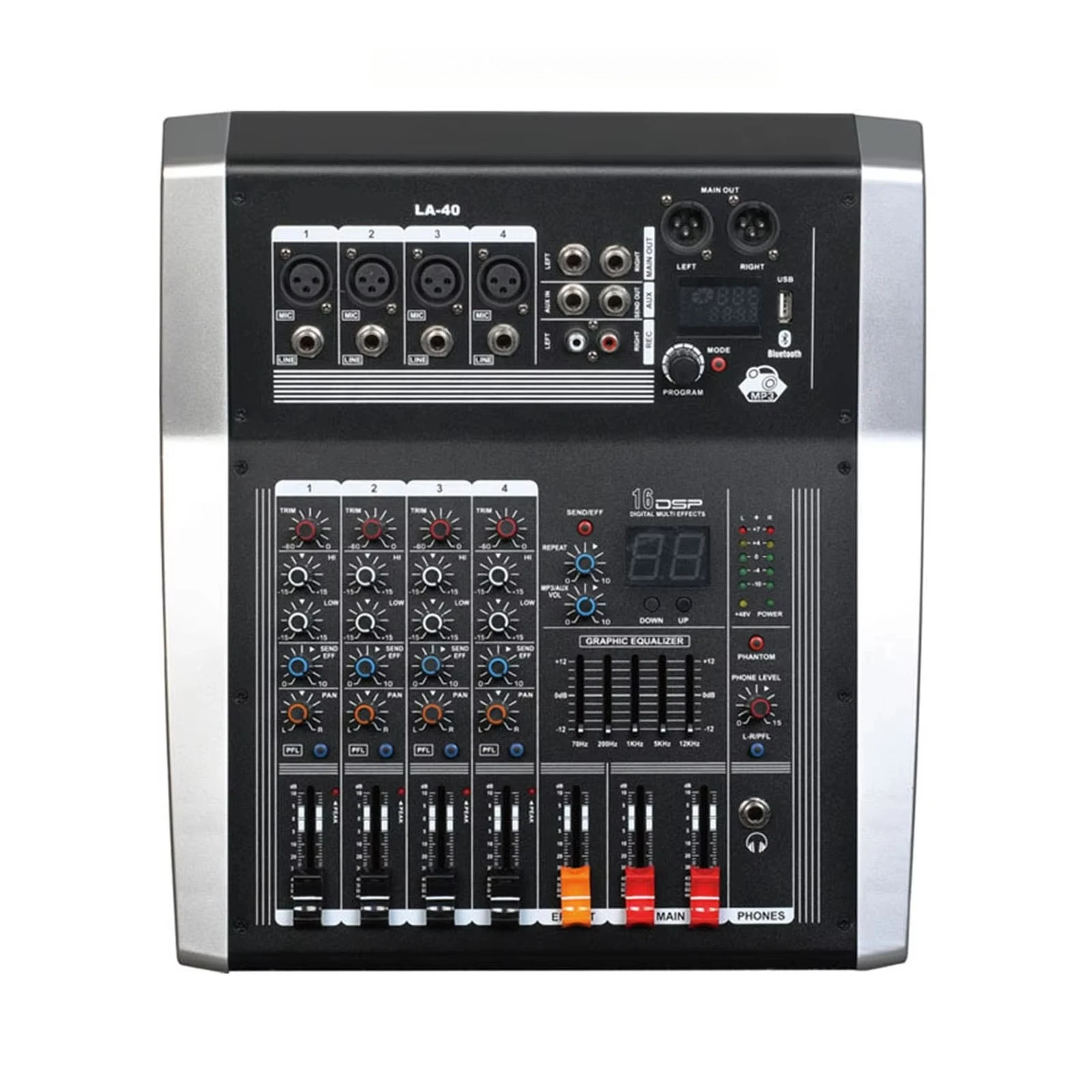 

LA40/LA60/LA80/LA120 Bluetooth Powered Mixer 4/6/8/12 Channels USB Sound Amplifier Mixer With 16 DSP Effects/250W*2CH