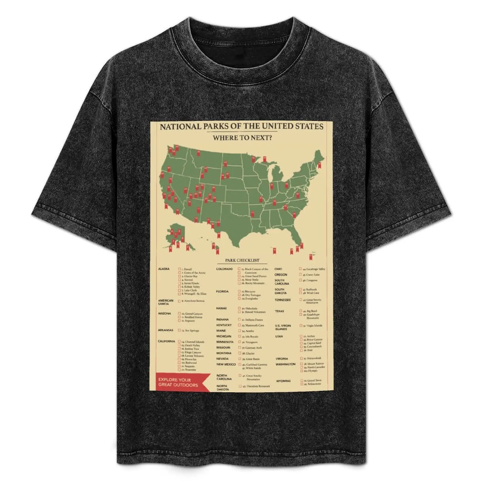 

US National Parks Checklist Poster T-Shirt Graphic Print Short Sleeve T-Shirt