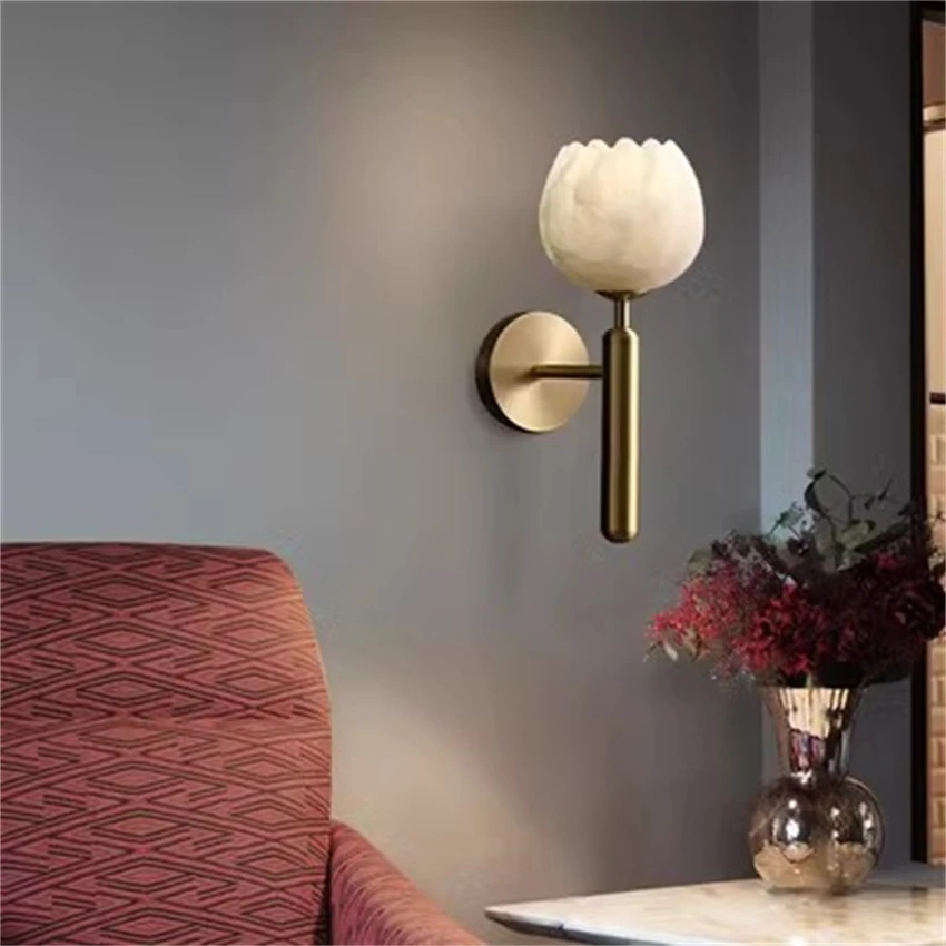Moderno chinês de mármore cobre quarto lâmpada parede cabeceira designer luxo sala estar fundo flor bud arandelas luzes