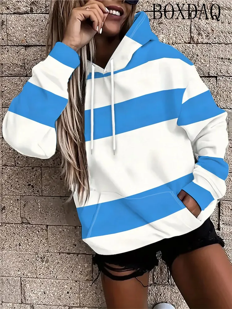 New Women's Autumn/Winter Hoodie Casual Stripe Pattern Printed Long Sleeve Pocket Sportswears Fashion Drawstring Women's Tops