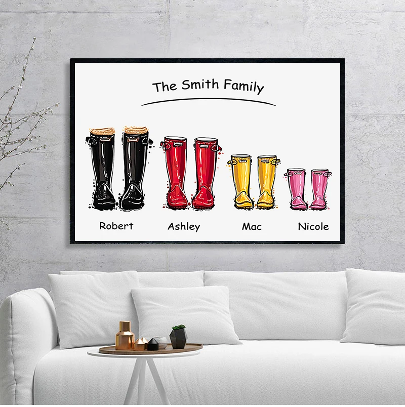 Custom Family Print Gift Personalised  Wellies Wall Art Canvas Painting Wellington boot Wall Pictures For Liveing Room