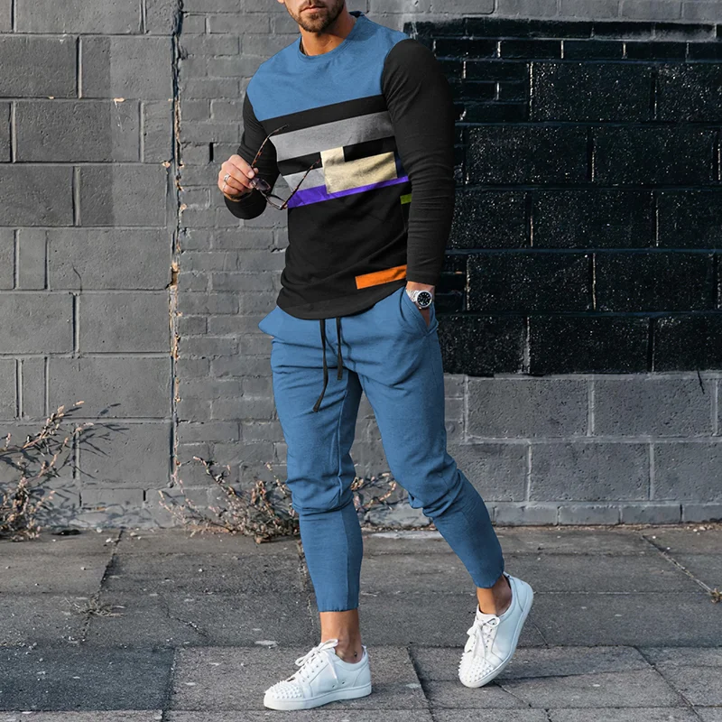 3Dプリントのメンズ2ピーススポーツウェアセット,長袖パンツ,カジュアルセーター,春と秋の服