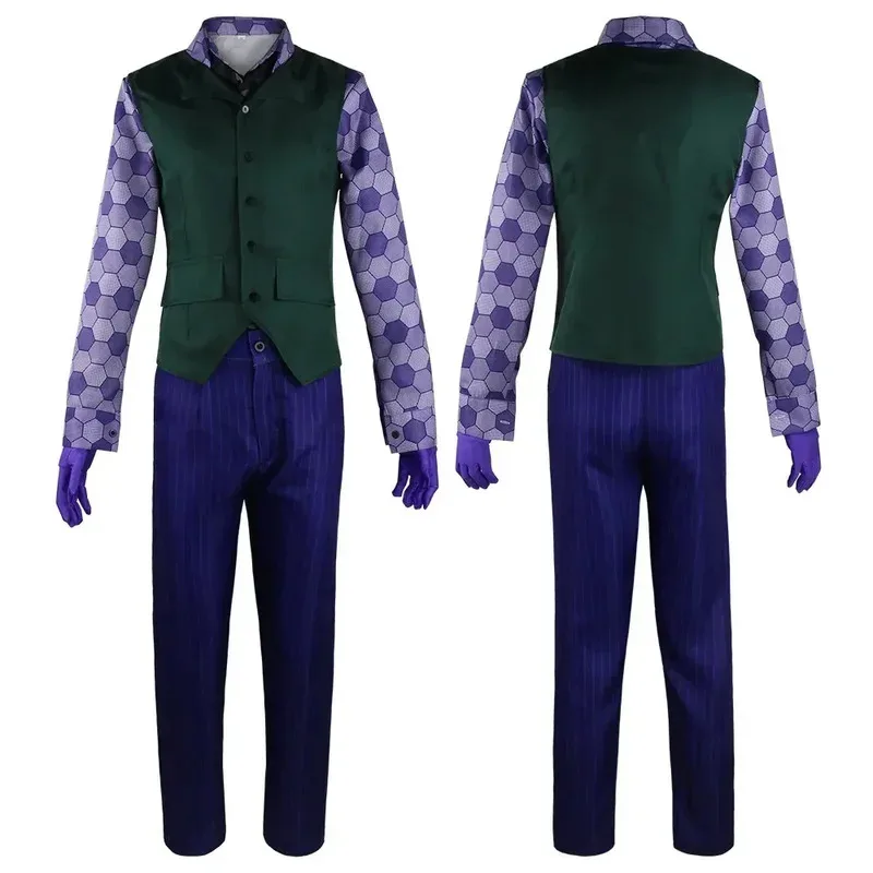 SS23Movie disfraz de caballero oscuro, disfraz de payaso Heath Ledger, uniforme morado, máscara de látex, conjunto completo para fiesta de Carnaval de Halloween para adultos