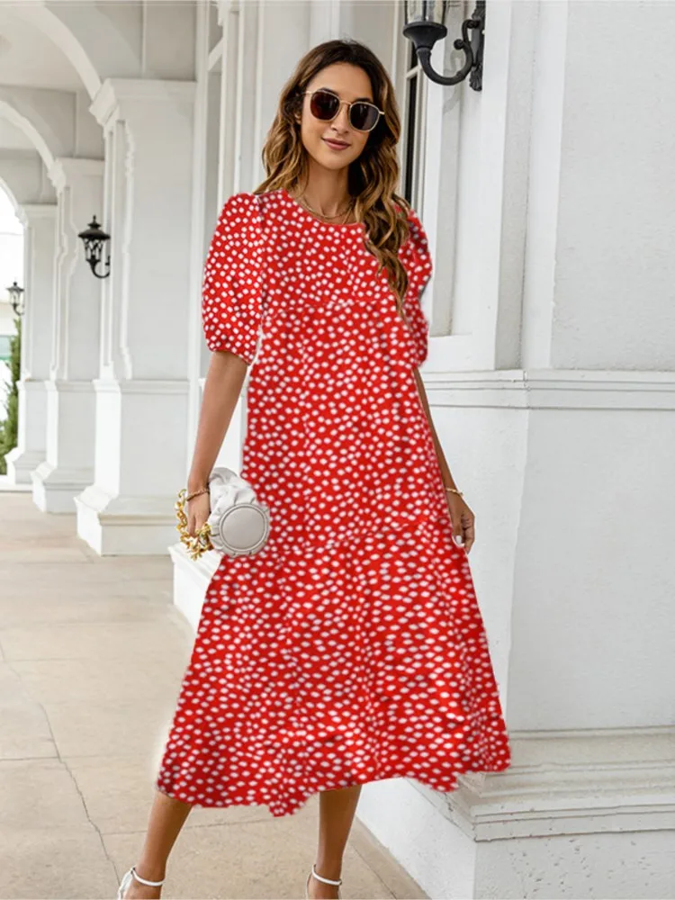 Summer Women's Printed Dress 2024 New Puff Short Sleeves Ruffles Loose A-line Midi Dresses Casual Beach Vacation Vestidos